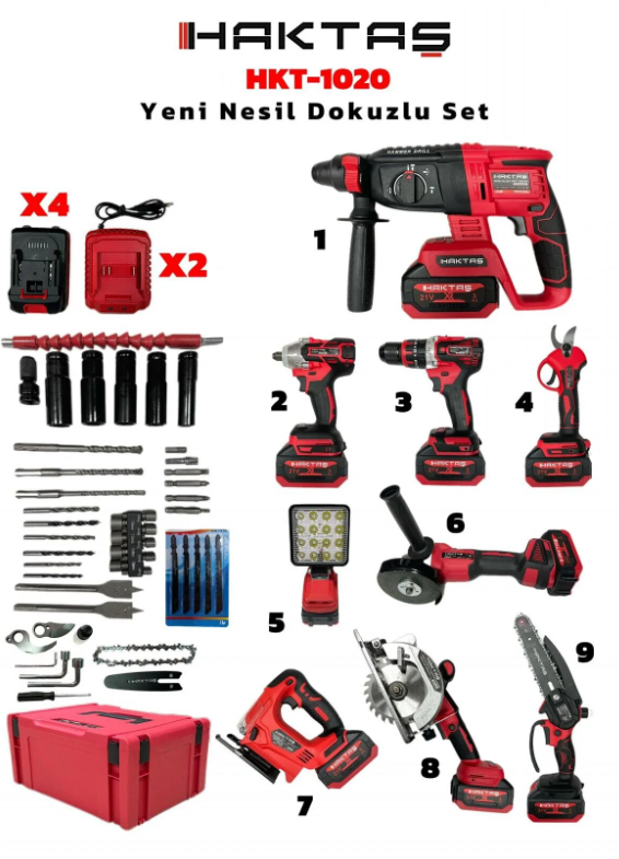 Yeni Nesil Kırmızı 9'lu Profesyonel Şarjlı El Aletleri Seti | Full Aksesuar | 4 Batarya 2 Şarj Aleti